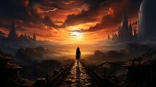 A Girl Is Walking Down Railroad Tracks In Sunset, In The Style Of Realistic Fantasy Artwork, Energy - Filled Illustrations, Firecore, Kevin Hill, Illustration, Horizons