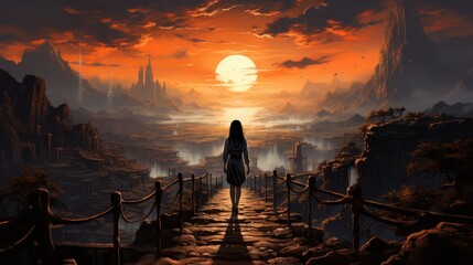Wall Mural - A girl is walking down railroad tracks in sunset, in the style of realistic fantasy artwork, energy - filled illustrations, firecore, kevin hill, illustration, horizons