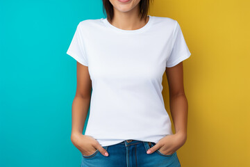 Wall Mural - design mockup, woman wearing white blank t-shirt studio shot