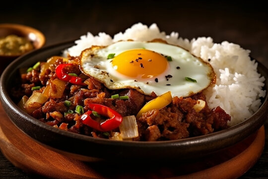 Wall Mural -  - Sisig fatty meat and white rice on a plate Filipino dish