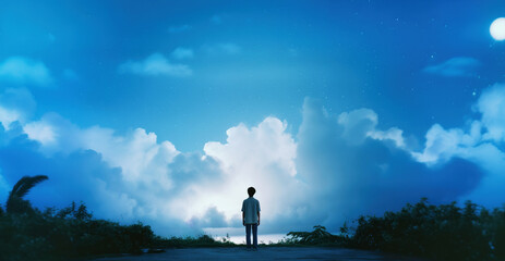 Wall Mural - Silhouette of a man looking at the night sky with clouds