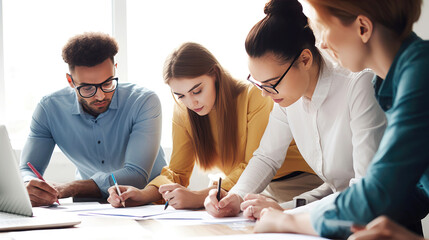 Group of business people in team meeting taking notes