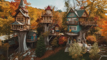 Whimsical Treehouse Village Among Vibrant Autumn Trees