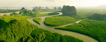 Aerial Drone View Of Sunset Panorama Of The Phang Nga Bay River And Mangrove National Park In Thailand