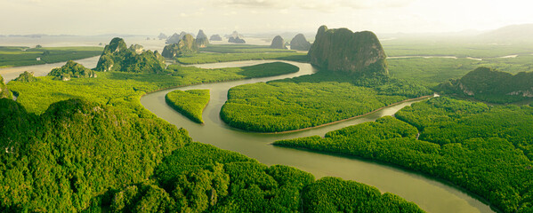 Aerial drone view of sunset panorama of the Phang Nga bay river and mangrove national park in Thailand