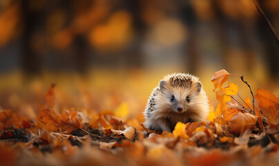 Hedgehog Scientific name Erinaceus Europaeus. Wild, native, European hedgehog in Autumn foraging on a fallen log with colourful orange and yellow leaves. Horizontal. Space for copy. Autumn forest