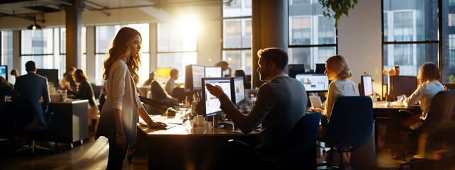 A man sitting in front of a computer monitor, showing, explaining things to a woman leaning to a desk in a big office full of workers. Wide scale image of a large room with windows. Generative AI 
