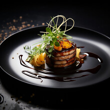 food elegant expensive dish plate dark black gourmet dinner chef, 
AI generator