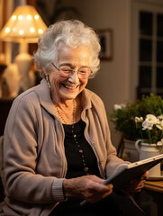 Wall Mural - An elderly woman uses a tablet computer at home