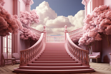 Aufkleber - Stairs leading to the clouds on pink background  Generative AI technology.