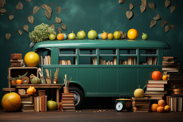 Poster - Back to school banner. Funny School bus with books and accessory in front of green chalkboard with copy space.  Generative AI technology.