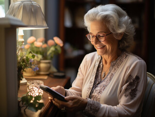 Wall Mural - An elderly woman uses a tablet computer at home