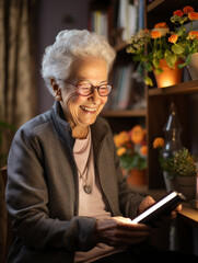 Canvas Print - An elderly woman uses a tablet computer at home