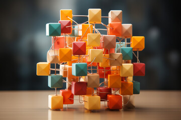 Leinwandbilder - Wooden cube block print screen person icon which link connection network for organisation structure social network and teamwork concept. Generative AI technology.