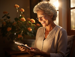 Canvas Print - An elderly woman uses a tablet computer at home