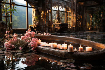 Poster - A tranquil spa setting with candles and soothing colors, evoking relaxation and self-care.  Generative AI technology.