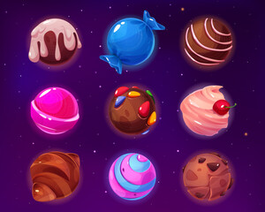 Canvas Print - Fantasy candy planet in cartoon vector illustration set. Sweet dessert in shape of ball for game space assets. Round yummy candylands look like croissant, ice cream with cherry, pink lollipop.