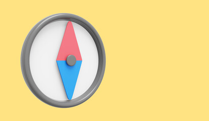 Poster - Cartoon compass, navigation, direction finding. 3D rendering. Icon on yellow background, space for text.