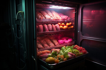 Aufkleber - Woman putting raw meat in refrigerator, closeupю Refrigerator with fresh meat products, Generative AI technology.