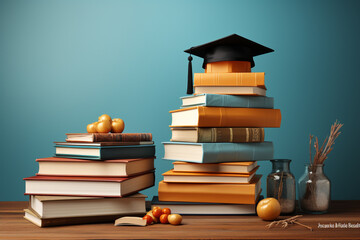 Leinwandbilder - School books with accessories and graduation hat on light blue background with copy space.  Generative AI technology.