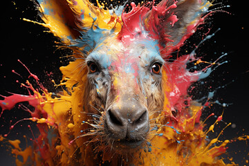Poster - An abstract surreal photograph of a Donkey splashed in bright paint, contemporary colors and mood social background.  Generative AI technology.