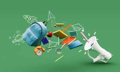 The megaphone announces the beginning of school. School symbols coming out from the megaphone on green background. 3D Rendering, 3D Illustration