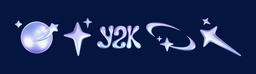 Wall Mural - 3d holographic stars and planets set in y2k, futuristic style on dark background. render 3d cyber ch