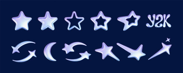 Wall Mural - 3d holographic stars set in y2k futuristic style isolated on dark background. render 3d cyber chrome