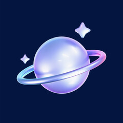 Wall Mural - 3d holographic galaxy planet icon with stars in y2k style isolated on dark background. render of 3d 