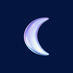 Wall Mural - 3d holographic moon icon in y2k futuristic style isolated on dark background. render 3d cyber chrome