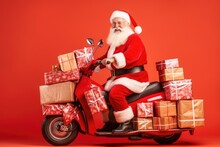 Fun Santa Riding Moped Carrying Pile Stack Fairy Purchases, Generative AI Illustration