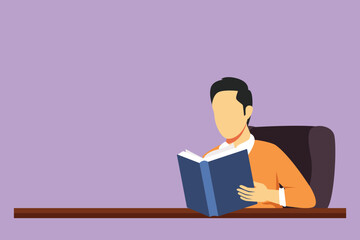 Graphic flat design drawing smart student sitting at table, holding book in hand. Active student reading book in library. Student reading book and preparing for exam. Cartoon style vector illustration
