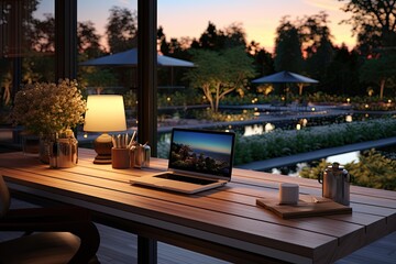 Working space in modern office at night with city view