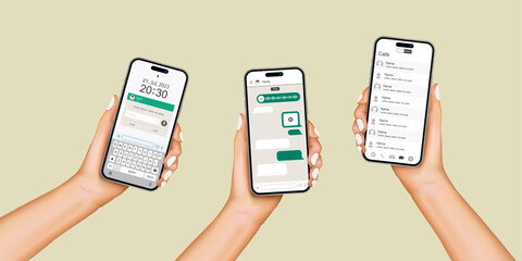 Poster - Hand holds the smartphone with messenger application. Instant communication with Smartphone Chat, Smart phone Messenger App for Instant Dialogue. Mockup with cartoon hand and smart-phone. Vector.