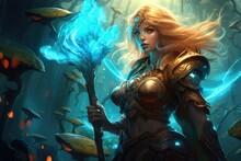 3D Illustration Of A Fantasy Woman Warrior With A Sword In Her Hands, Beautiful Curvy Female Elf Warrior Wearing Bright Armor And Carrying A Sword, AI Generated