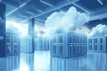 Poster - Clouds in the server room, 3d render. Cloud computing concept, Backup cloud data service center. 3D rendering, AI Generated