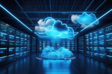 Poster - Cloud computing concept with server room and blue glowing lights 3D rendering, Backup cloud data service center. 3D rendering, AI Generated