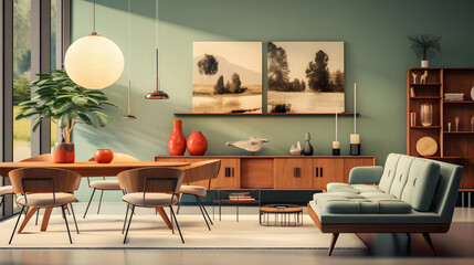 Interior design of living room with chairs and dining table against green wall. Scandinavian, mid-century home interior design 