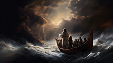 Jesus Christ On The Boat Calms The Storm At Sea.