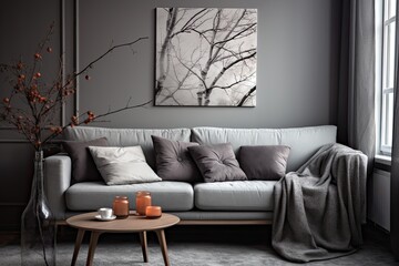 Wall Mural - Aesthetic home space featuring cozy gray couch