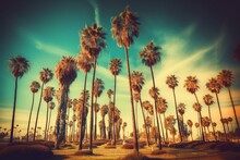 Vintage Post Processed Photo Of Palm Trees At Santa Monica Beach, Perfect For Fashion, Travel, And Summer Vacation Tropical Beach Concepts. Generative AI