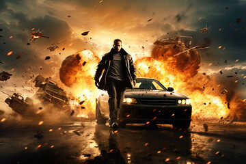 Action shot with man running away from explosion on car. Dynamic scene with fire in action movie blockbuster style.