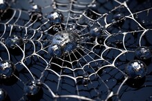 Close-up Of A Spider Web Details With Drops Of Liquid On Dark Blue Background
