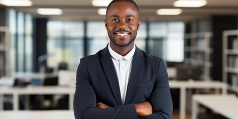 Aufkleber - Smiling african american businessman standing in office with crossed arms
