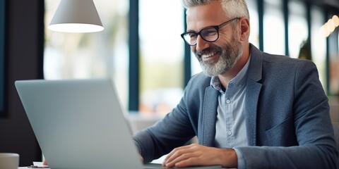 Aufkleber - Happy middle aged man, entrepreneur, small business owner, working online.