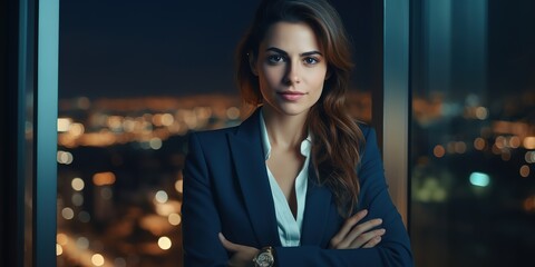 Successful business woman in a stylish suit working in an office on the top floor overlooking the night city.