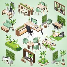 Green Office Isometric Icon Set With Green Plants Flowers Eco Equipment Tool Furniture Vector Illustration