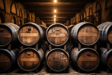 Wall Mural - Stacked Wine barrels at the winery. 