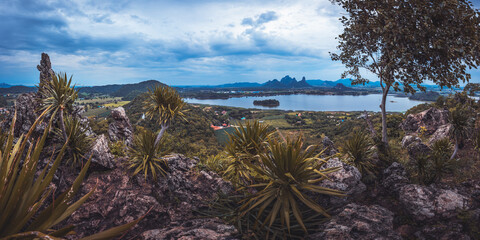 Wall Mural - Landscape panorama of mountain and lake in sunset at Phu Sub Lek Reservoir viewpoint Lopburi Thailand