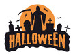 Halloween decoration. Death with scythe in a graveyard with tombstones on the background of an orange full moon. Vector.